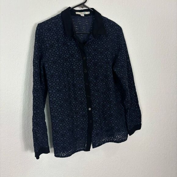 Boden Women's Blue Eyelet Cutout Collared Button Front Long Sleeve Blouse Top Si - Picture 3 of 8